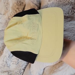 tan Columbia 5 panel nylon baseball hat with mesh side panels one size fits all